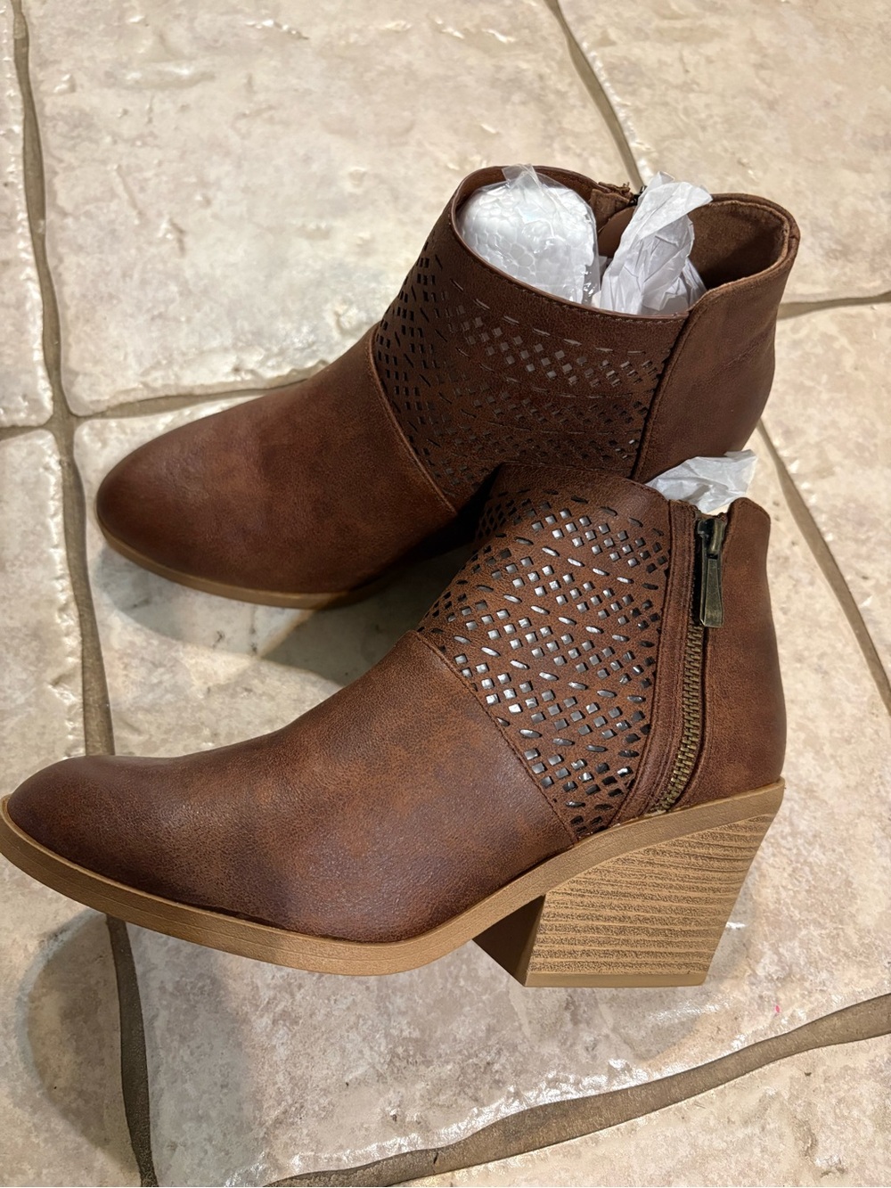 Qupid Brown Perforated Ankle Booties with Block Heel NEW